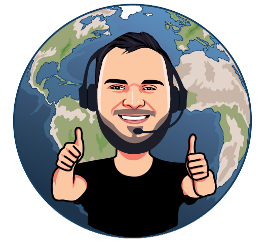 Cartoon of a man wearing a headset, smiling, giving two thumbs up, with a globe in the background.
