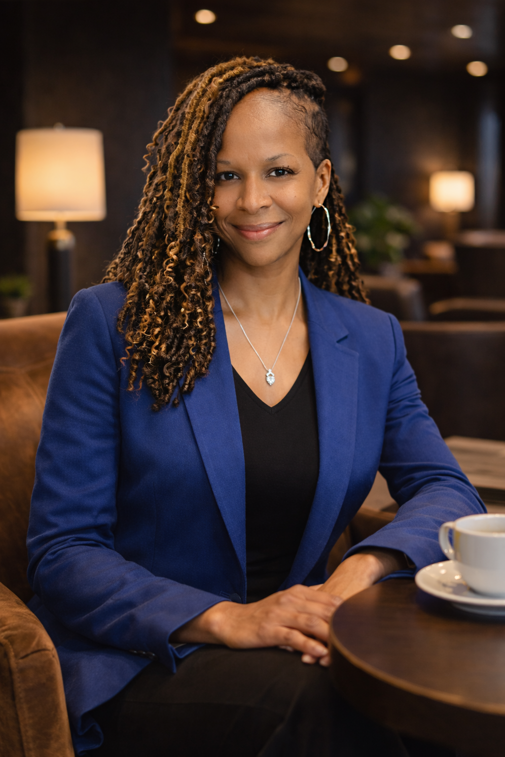 A woman with braided hair, wearing a blue blazer and jewelry, seated at a table with coffee in a warmly lit coffee shop or café.