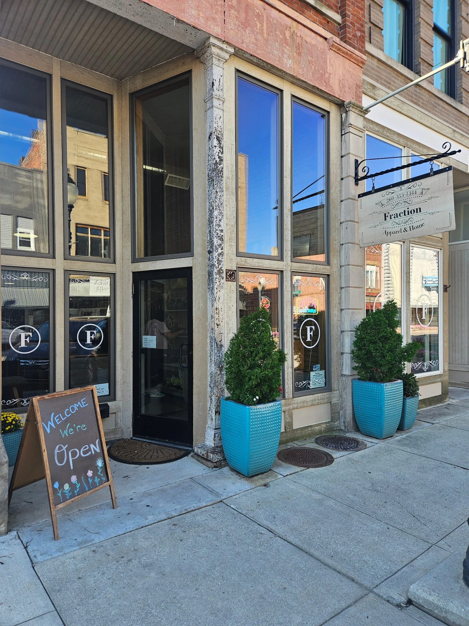 Storefront of Fraction Apparel & Home. Bluffton, Indiana