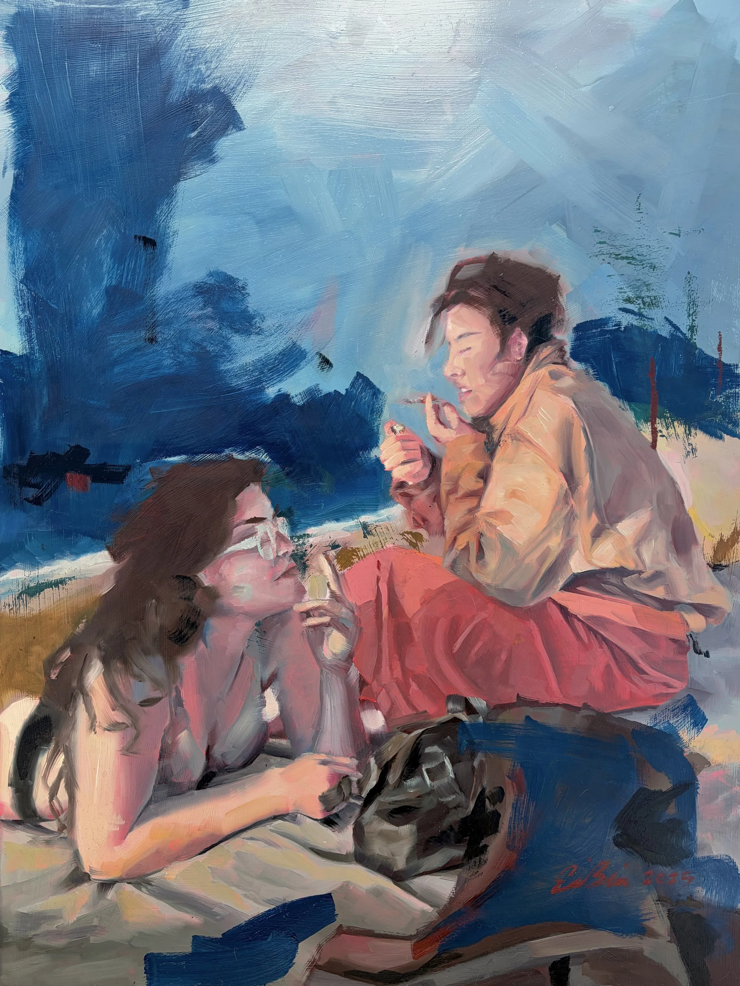 An oil painting of two young women relaxing outdoors. One woman with glasses is lying on her stomach, resting her head on her hand, looking at the other woman. The other woman is sitting cross-legged, smoking a cigarette, and engaged in conversation. The background features abstract blue sky and clouds.
