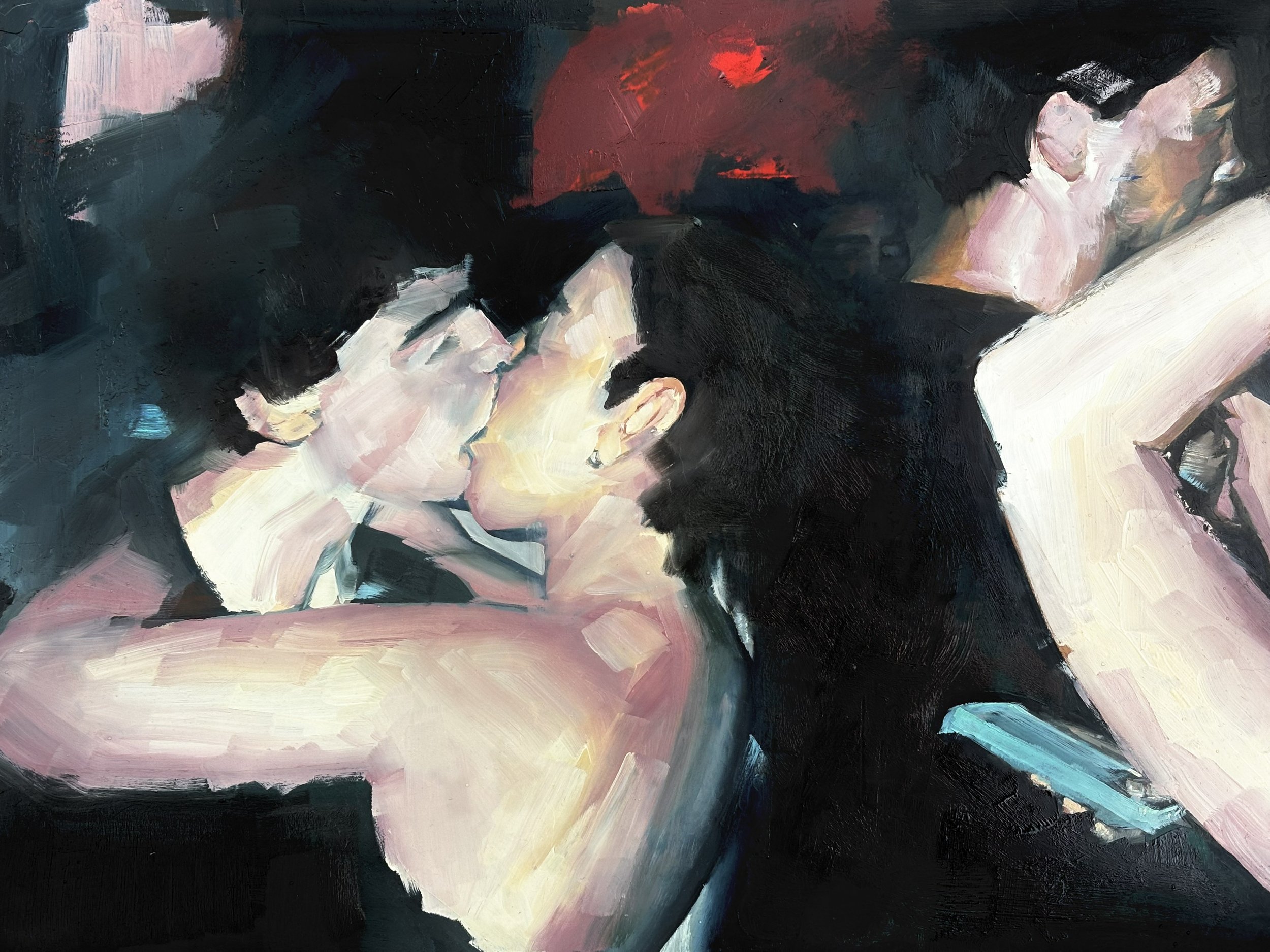 An abstract painting of two women, one holding a phone and the other using a device, with dark and vibrant colors.