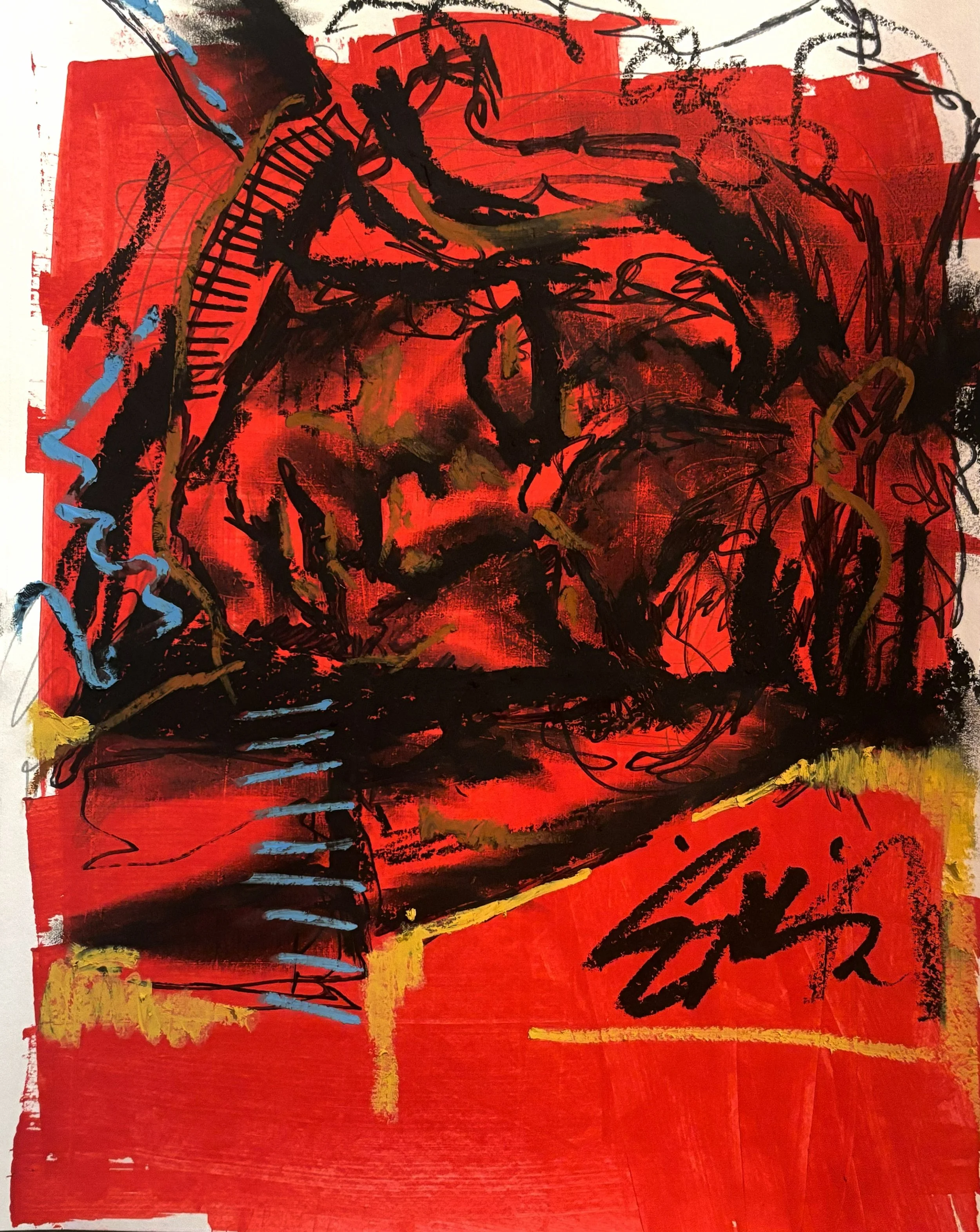 An abstract painting with bold black strokes on a red background, with some accents of blue and yellow, and black scribbles and lines.