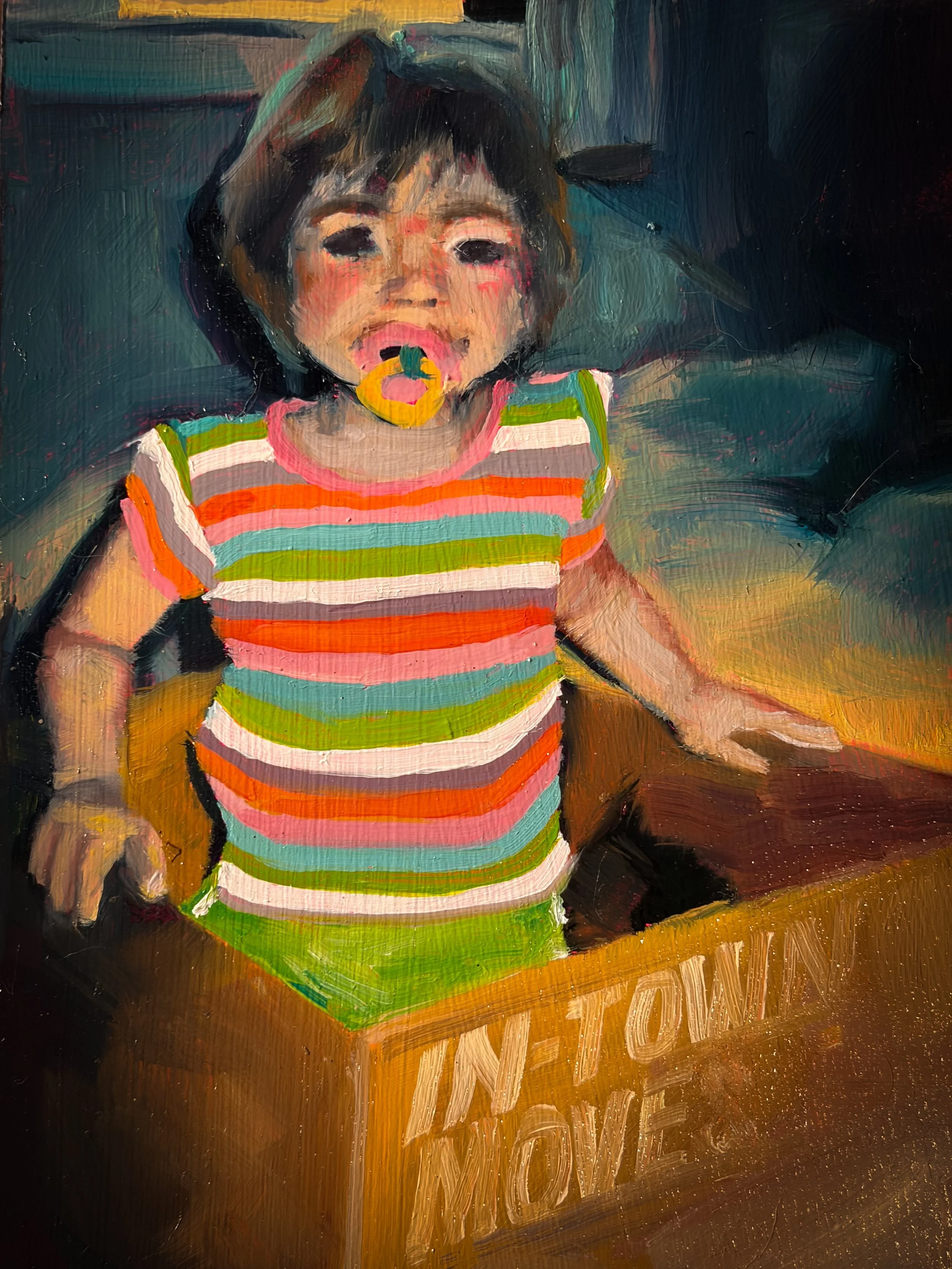 Painting of a young girl with a pacifier, wearing a striped colorful shirt, standing inside a wooden box labeled 'IN TOY LOVE'.