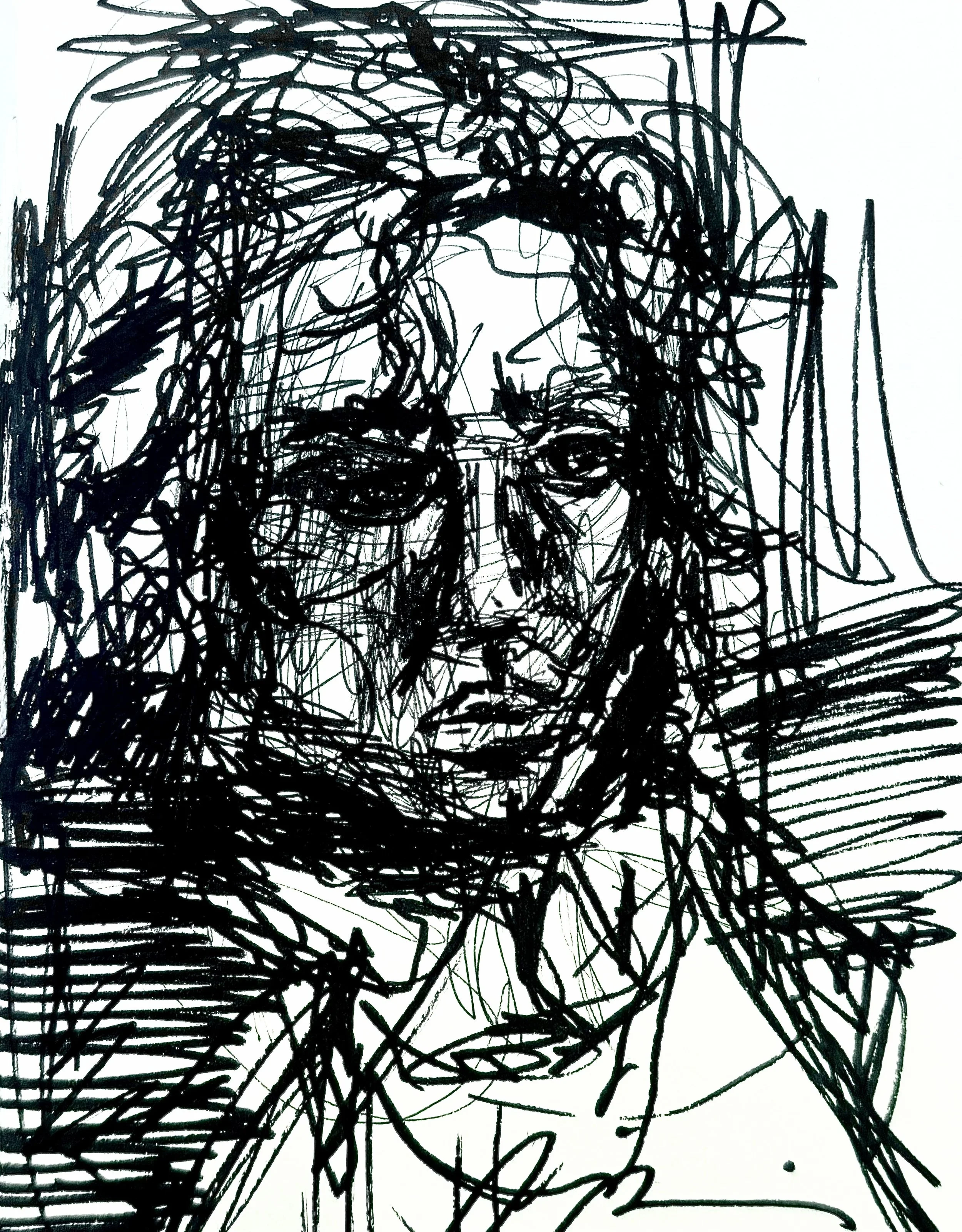 A black and white abstract sketch of a woman with glasses, with long hair and a hand resting on her chin.