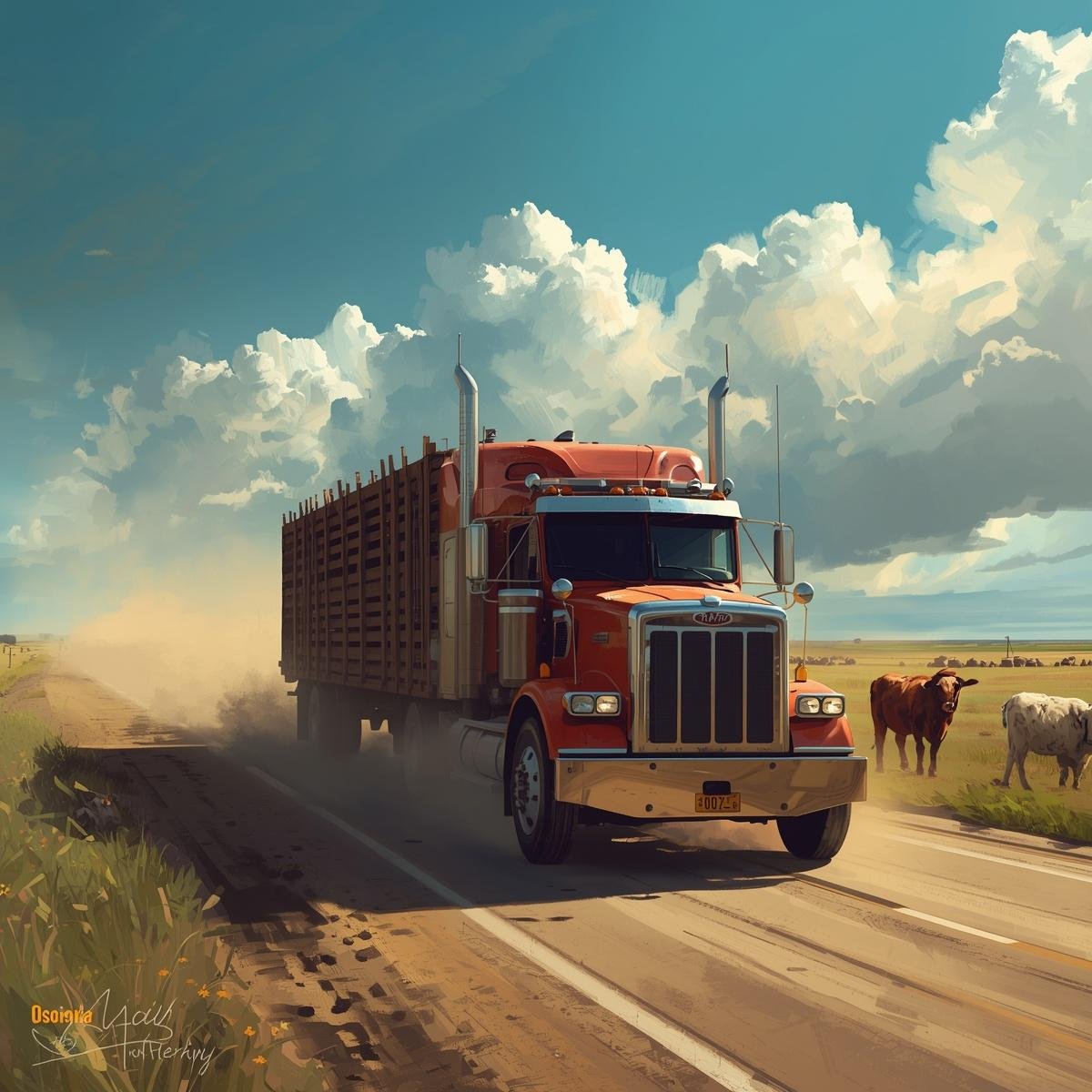Semi truck transporting agricultural goods on a rural road, representing ag supply and transport services