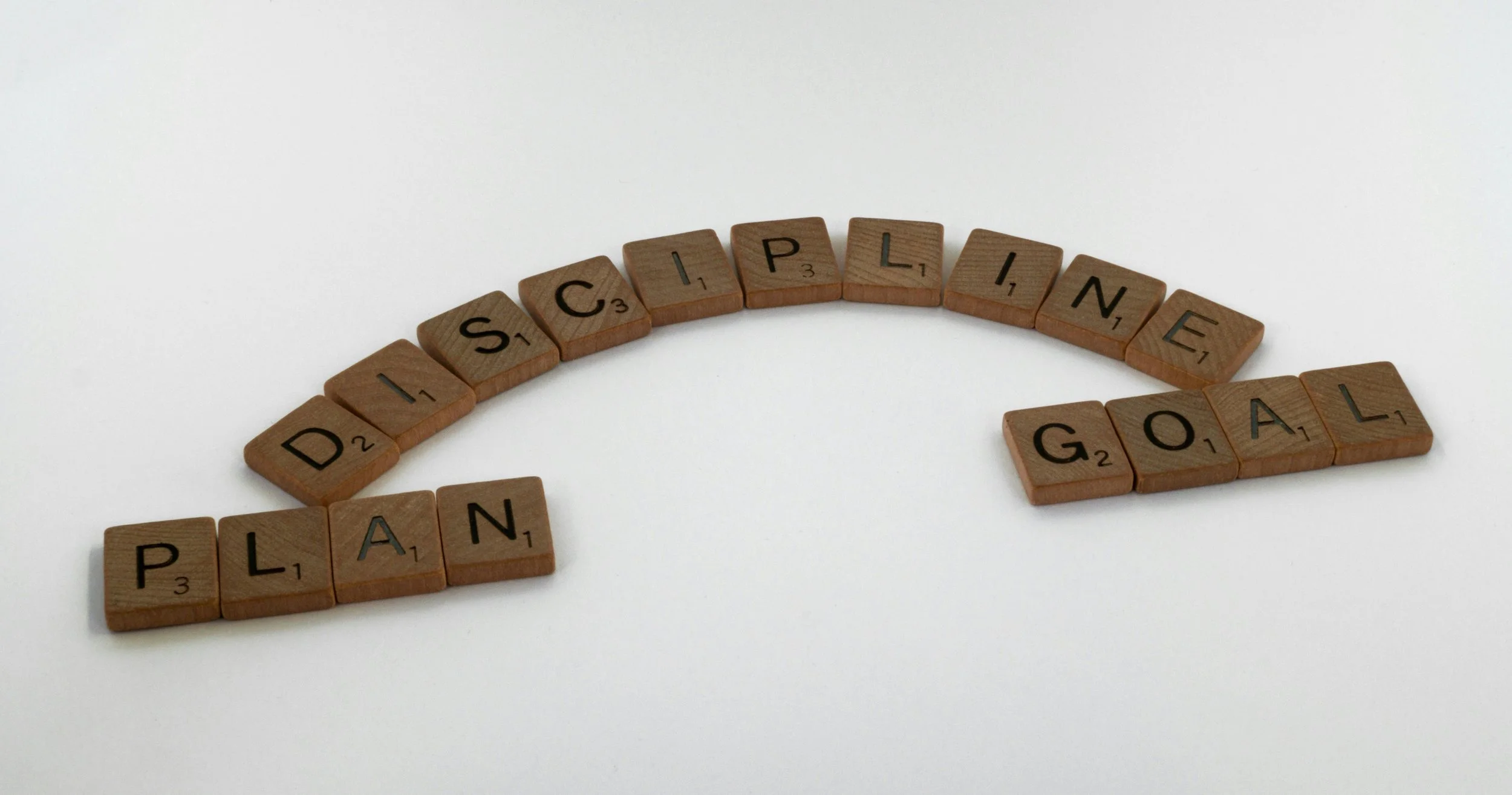Scrabble tiles arranged to spell "PLAN with DISCIPLINE achieves the GOAL" on a white background.