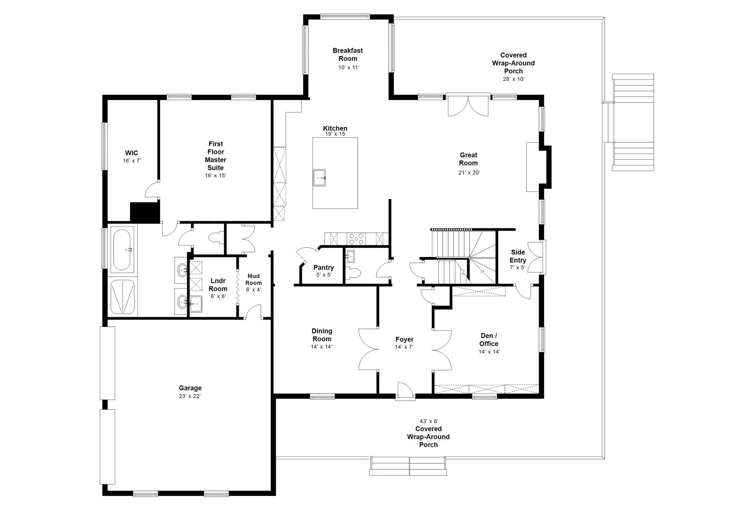 Floor plan of a house showing various rooms and areas, including a garage, foyer, dining room, den/office, pantry, kitchen, breakfast room, great room, covered wrap-around porch, side entry, mud room, laundry room, and master suite with walk-in closet.