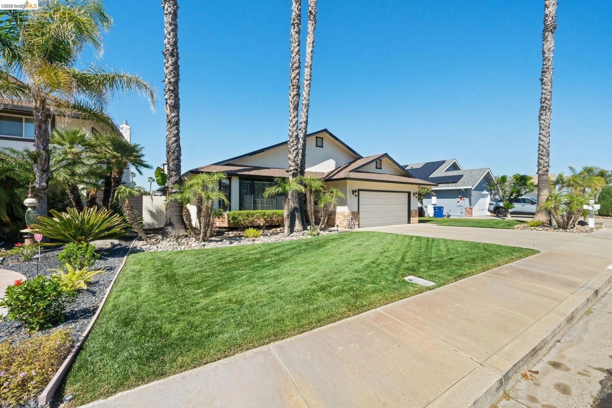 A suburban house with a well-maintained front yard, including a lush green lawn, various palm trees, and landscaped plants, with a sidewalk in the foreground under a clear blue sky.