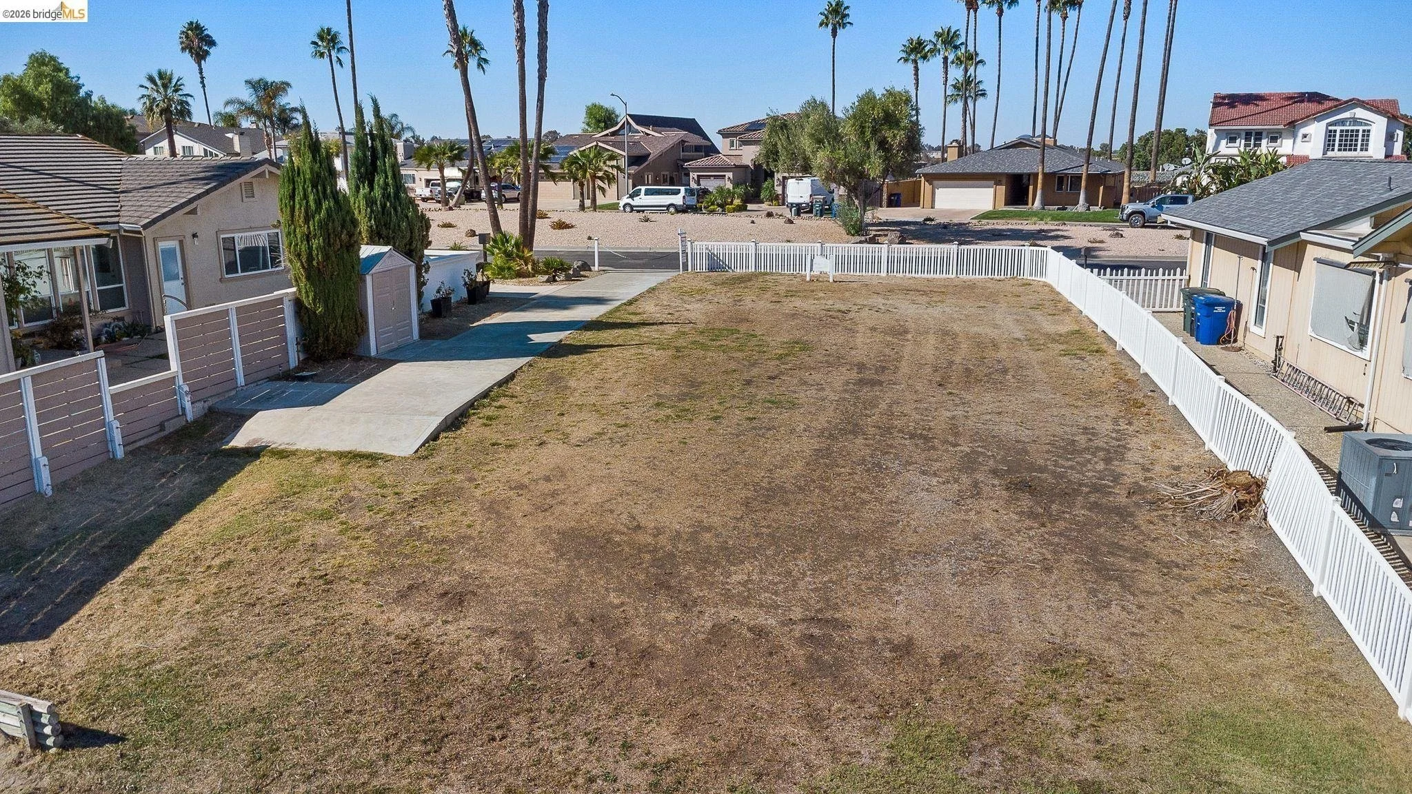 Empty backyard with patchy grass, surrounded by a white fence, with neighboring houses and tall palm trees in the background.