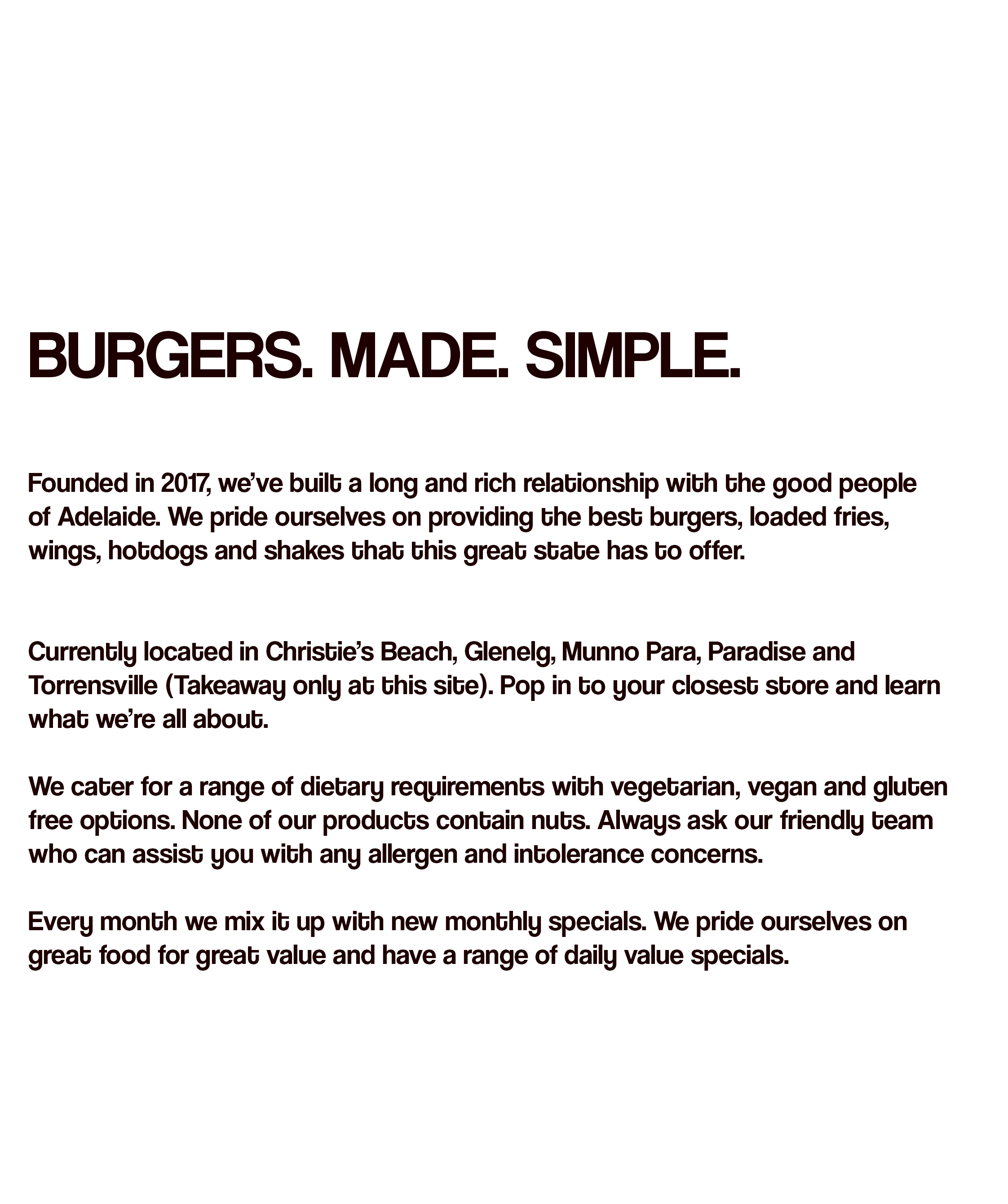 Text on a white background describing a burger restaurant in Adelaide, its location, menu offerings, dietary options, and value.