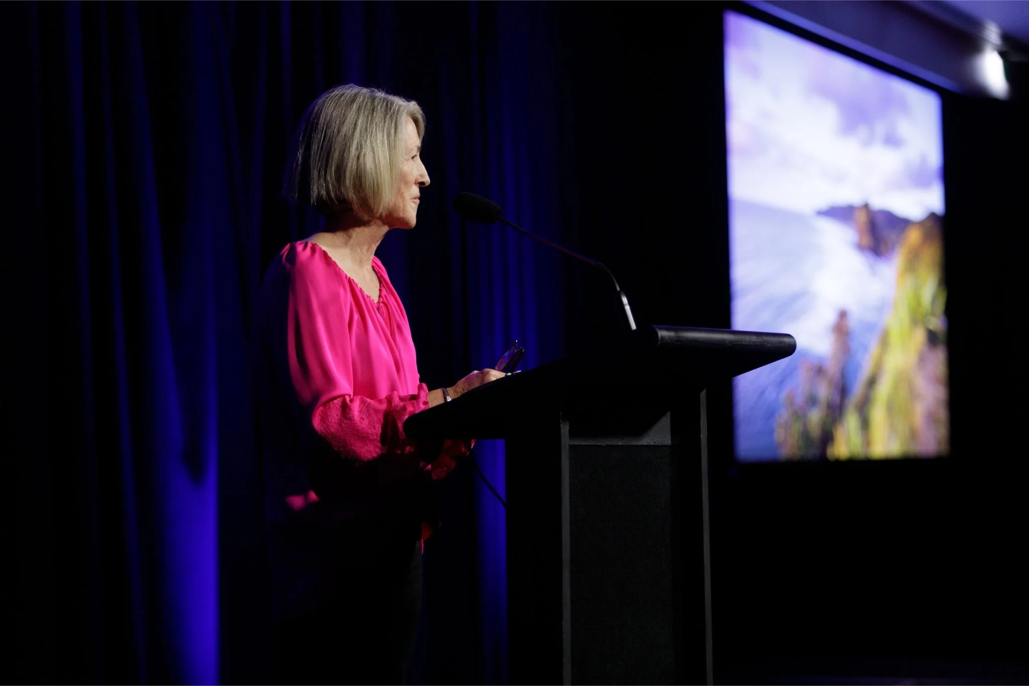 A woman with blonde hair wearing a pink top speaking at a podium for the IAWJ on a stage with a blue curtain background and a large screen displaying an outdoor landscape.