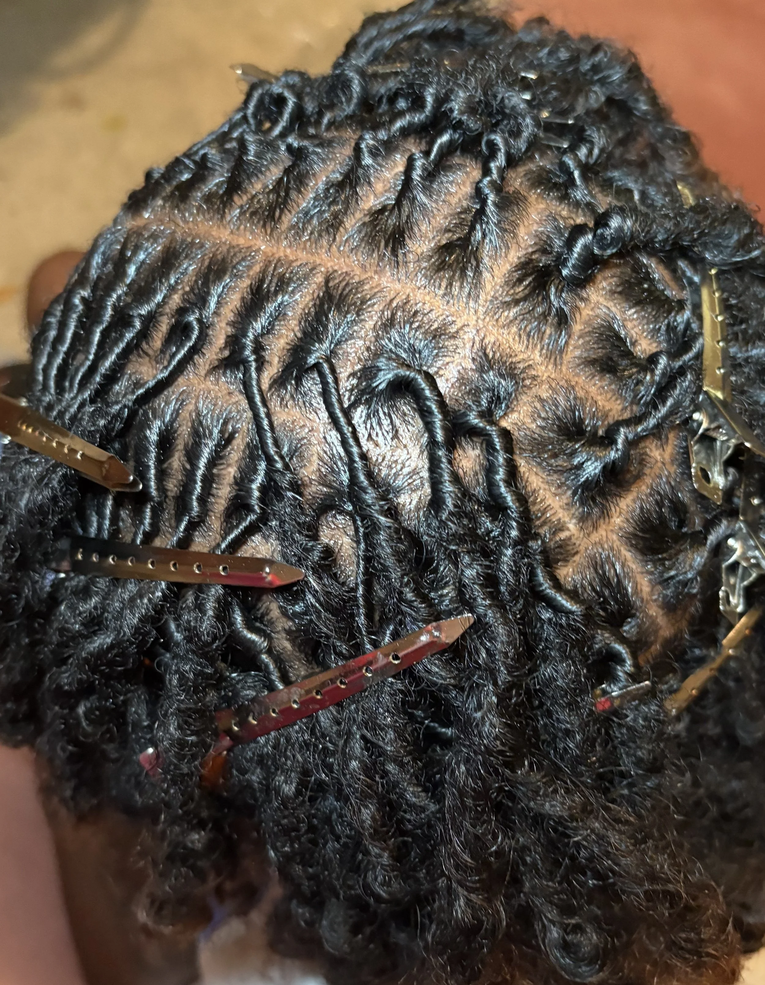 Close-up of a person's scalp with freshly styled, tightly curled black hair in small twists, secured with metal clips and hairpins.