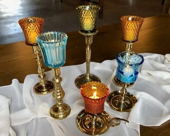 Vintage Brass Candlesticks w/ Colored Votive Cups