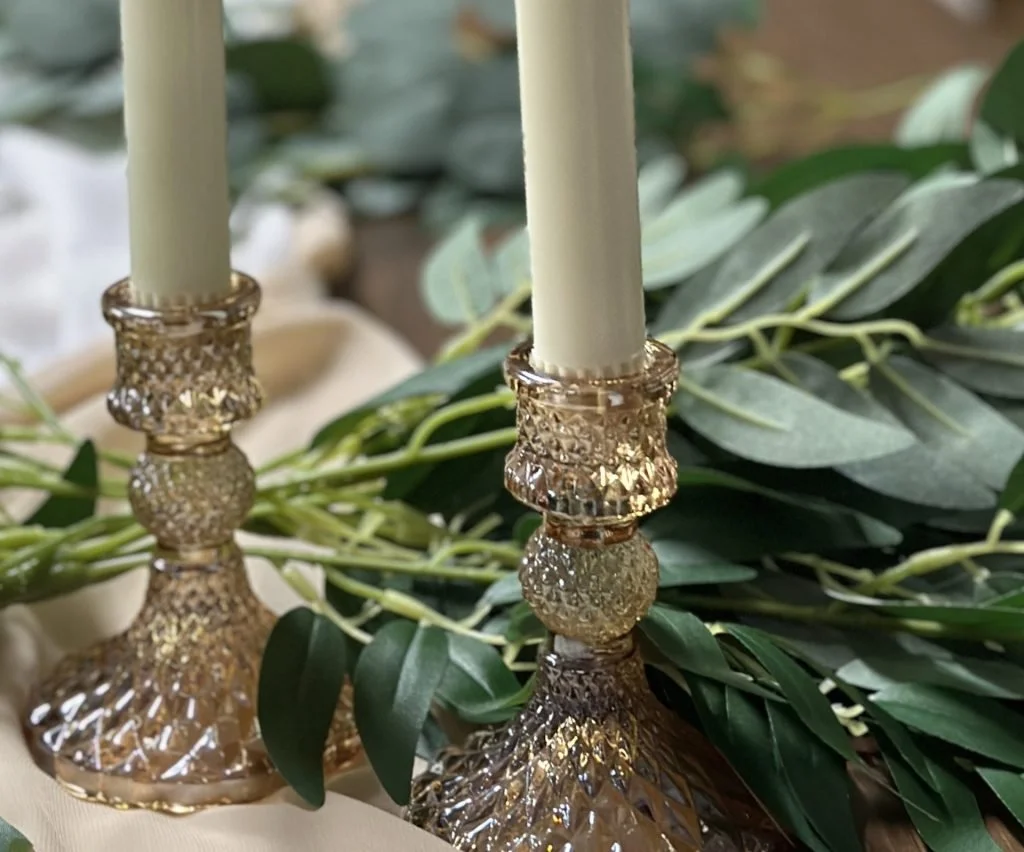 Gold Diamond Cut Glass Candlesticks w/Faux Real Taper Candles
