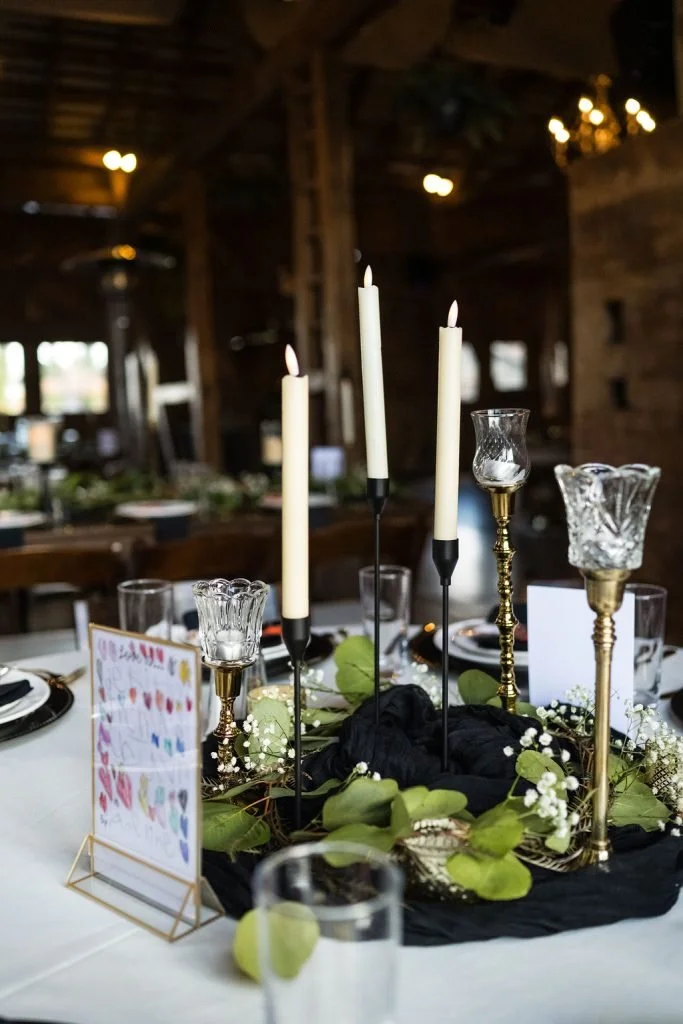 Black Stemmed Candlesticks w/Faux Real Taper Candles