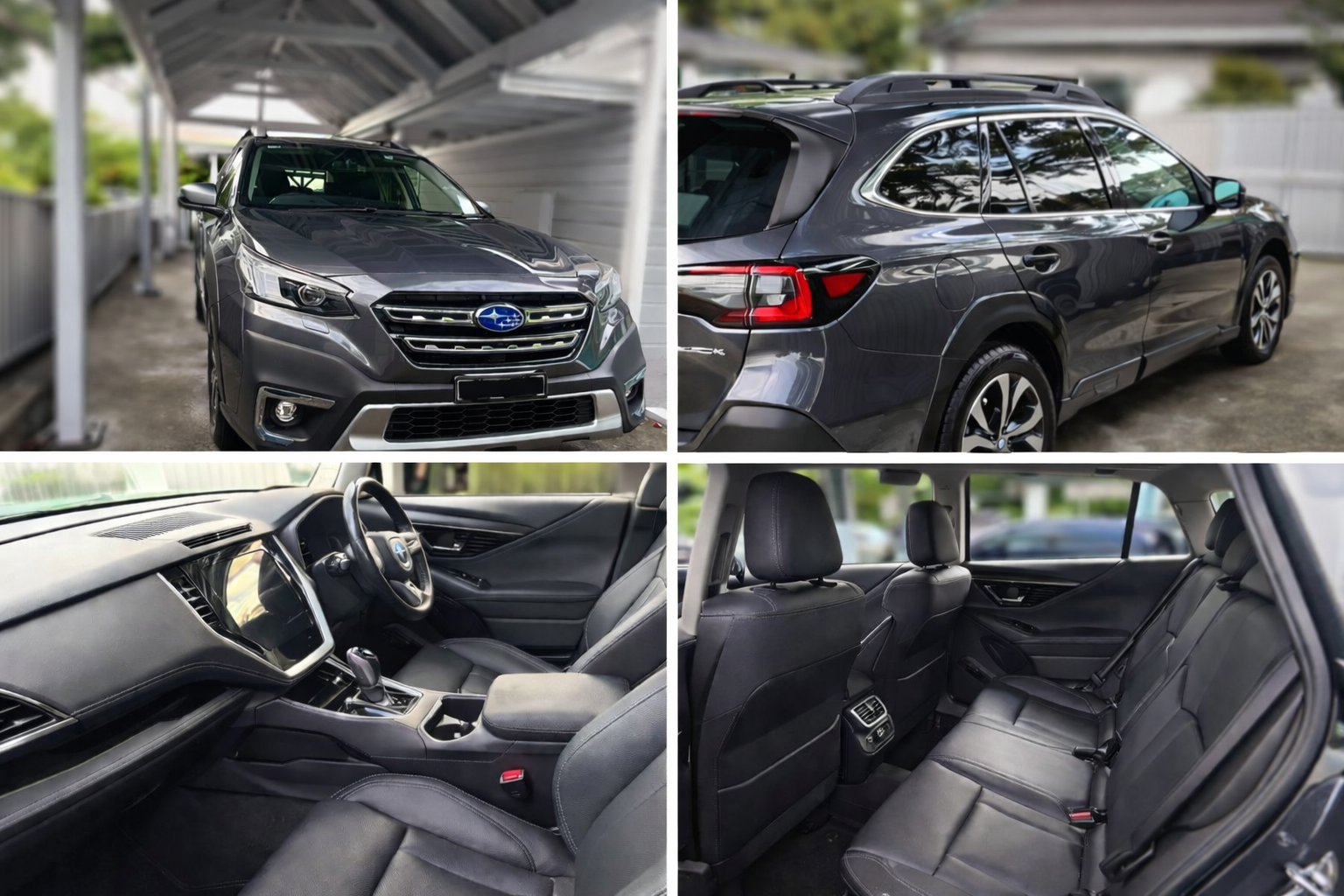 Composite image of a dark gray Subaru vehicle. The top left shows the front view of the car parked in a covered area, the top right shows the side view of the car outdoors, the bottom left displays the interior with a dashboard, steering wheel, and front seats, and the bottom right shows the rear passenger seats from the backseat perspective.