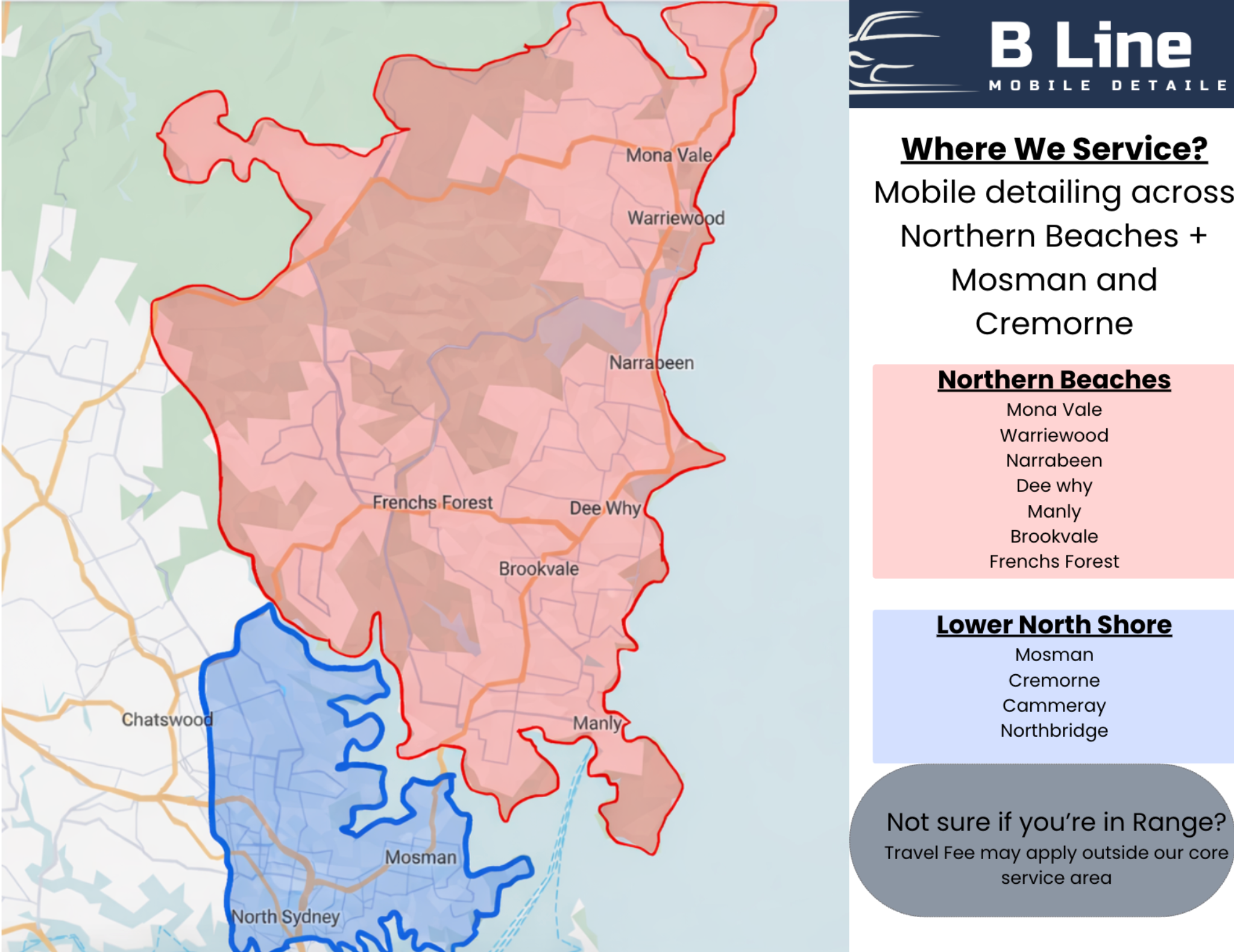 Map showing service areas for B Line Mobile Detailing, with regions color-coded as Northern Beaches in pink and Lower North Shore in blue, including specific neighborhoods listed on the right side.