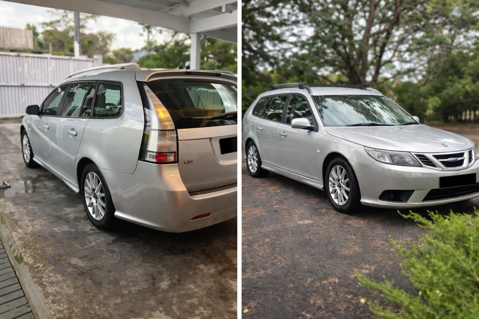 Comparison of two similar silver station wagons parked in different outdoor areas, with the left car under a roof and the right car in a green, leafy setting.