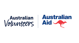Logos of Australian Volunteers and Australian Aid with a kangaroo