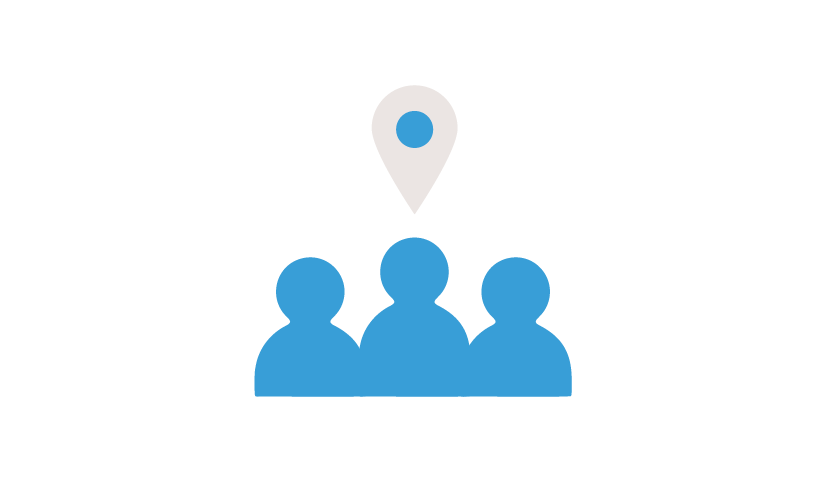Icon of three people with a location pin above them, indicating a group or team location.