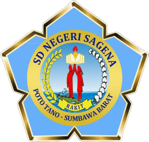 Emblem of SD Negeri Sagena, featuring a gold star-shaped border, a light blue background, and a circular centerpiece with two red figures, an open book with a flame, a yellow rice plant, white cotton, and a blue ocean scene, with the text "SD Negeri Sagena" and "Poto Tano - Sumbawa Barat".