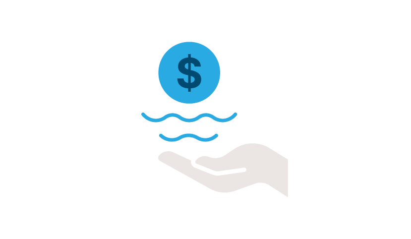 A hand holding water, with a blue dollar sign symbol above it, representing financial support or investment.