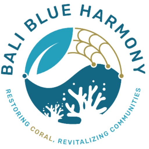 Logo of the Blue Harmony organization featuring a blue water droplet, a leaf, and hands, with the text "Blue Harmony" and slogans about restoring coral and revitalizing communities.
