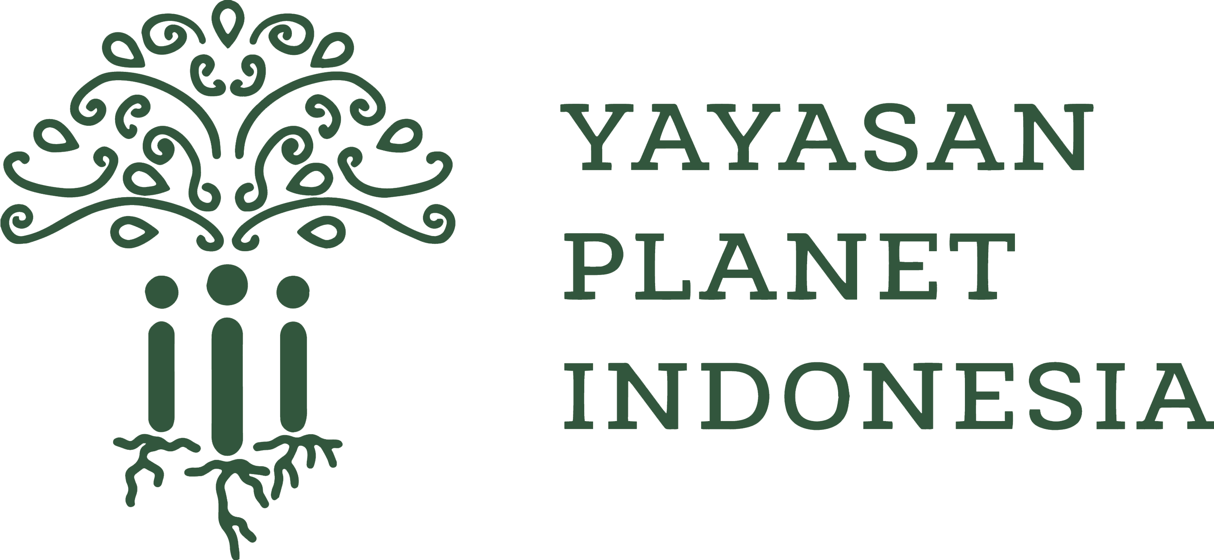 Logo with a stylized tree composed of swirling lines and roots, next to the text "Yayasan Planet Indonesia" in green.