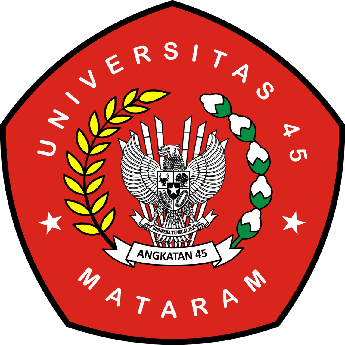 Emblem of University of 45 Makaram Indonesia featuring a red background, a black outline, a central shield with a Garuda bird, and text around the perimeter.