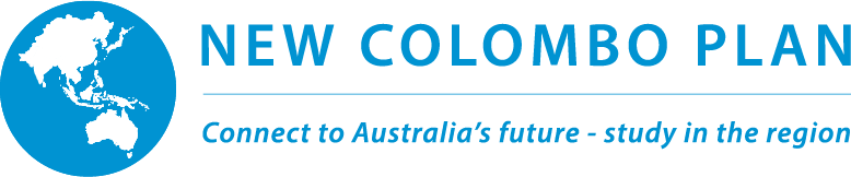 Logo for the New Colombo Plan with a globe illustration and text: "NEW COLOMBO PLAN" and "Connect to Australia's future - study in the region".