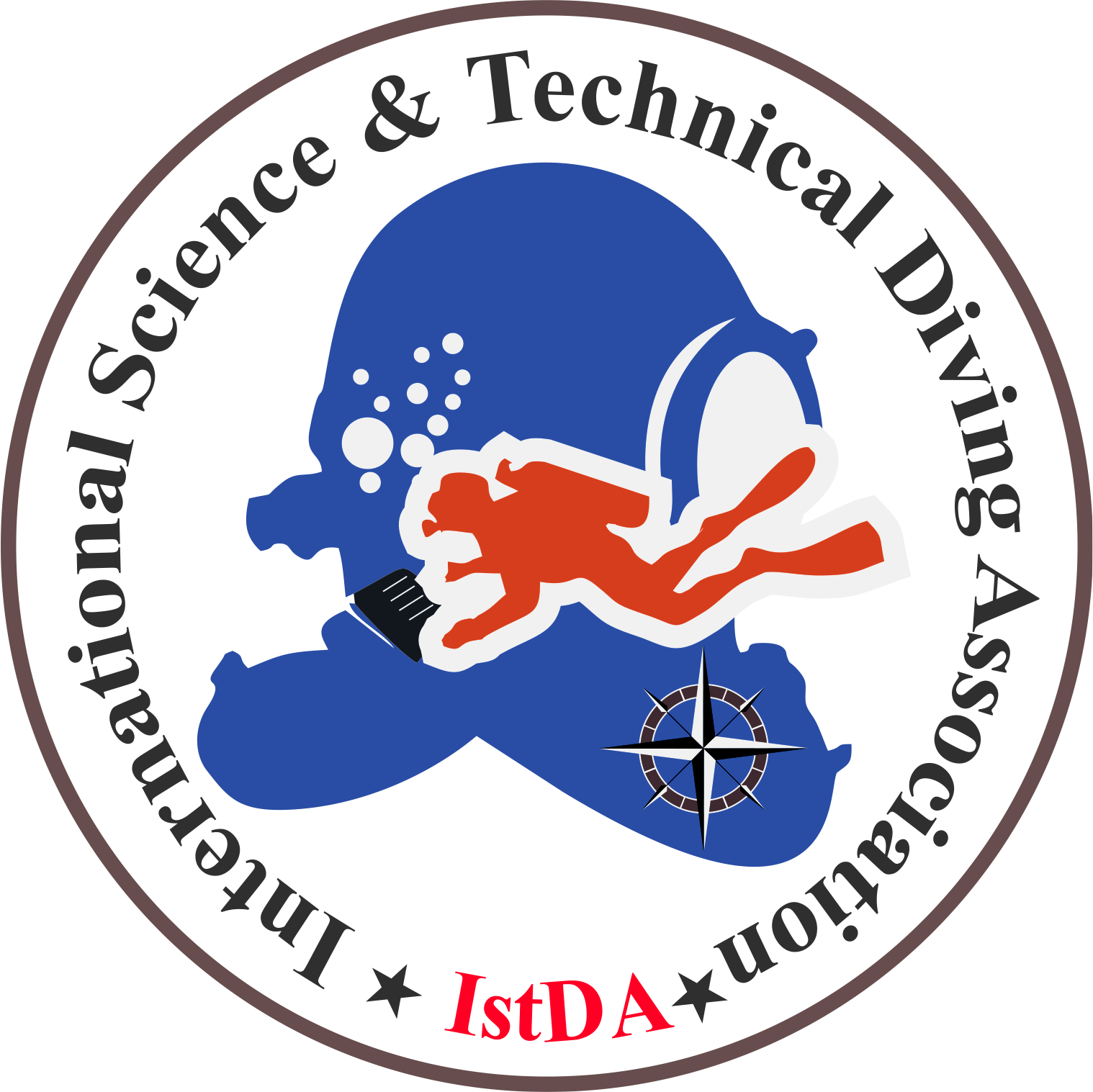 The logo of the International Science & Technical Division of the American Diving Company featuring a diver, a diving helmet, a submarine, and a compass, with text around the circle.