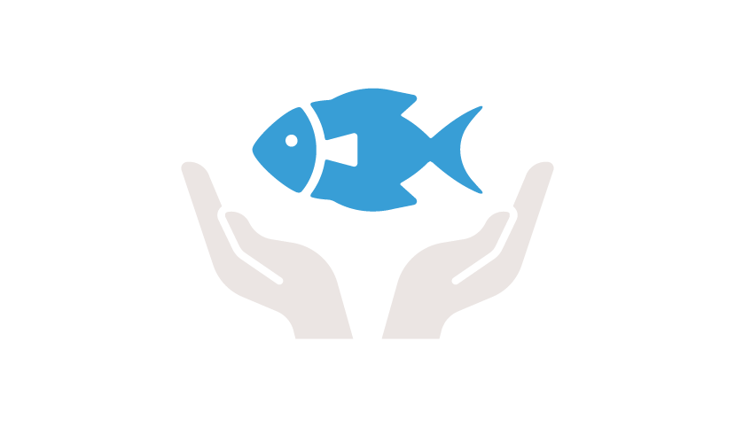 Two white hands holding a blue fish against a black background.