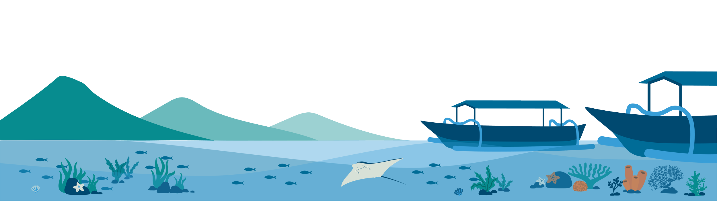 Illustration of a seascape with boats, coral, fish, and mountains in the background.