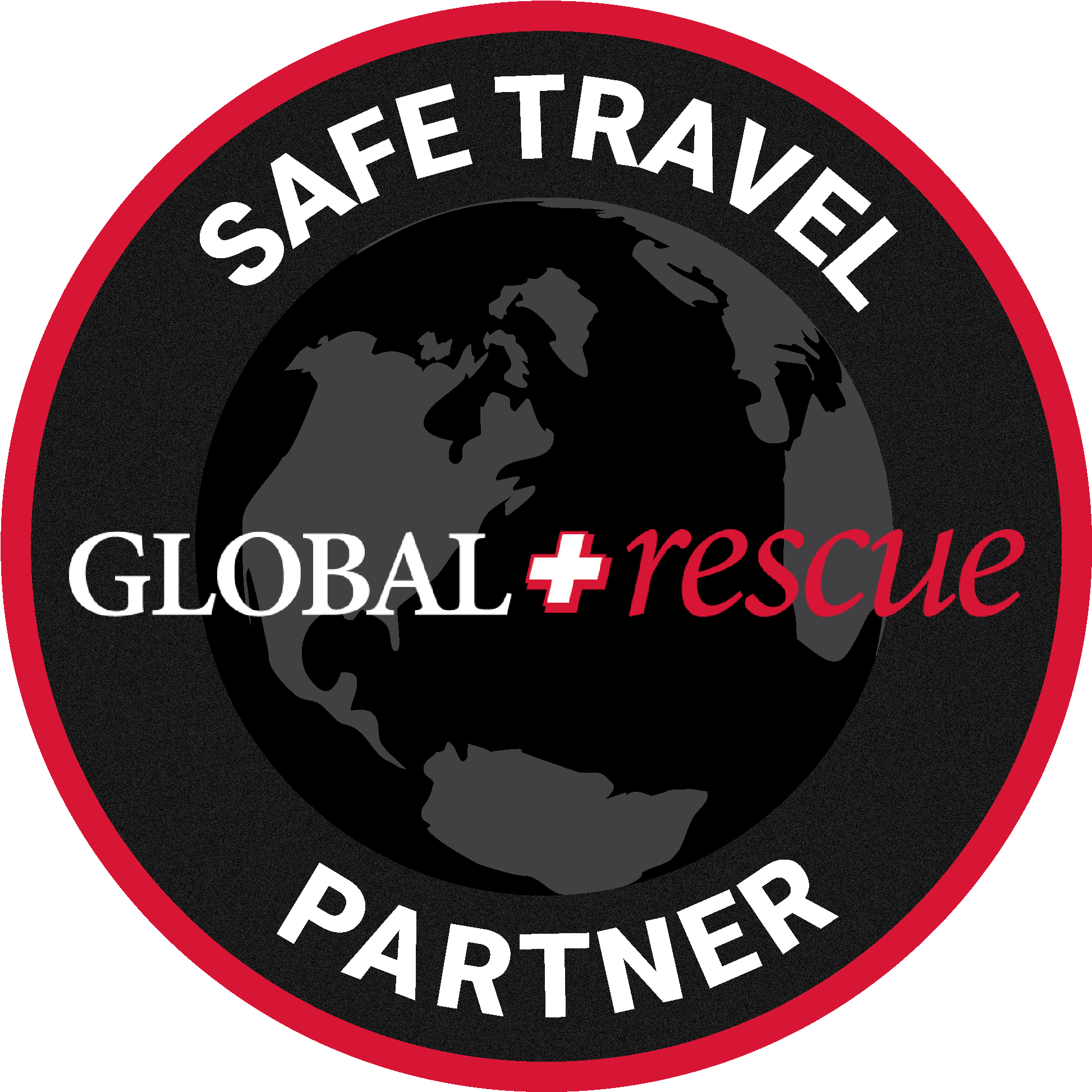 Logo for Save Travel, Global, and Rescue Partner with a black globe in the center surrounded by a red and black circle, with white and red text.