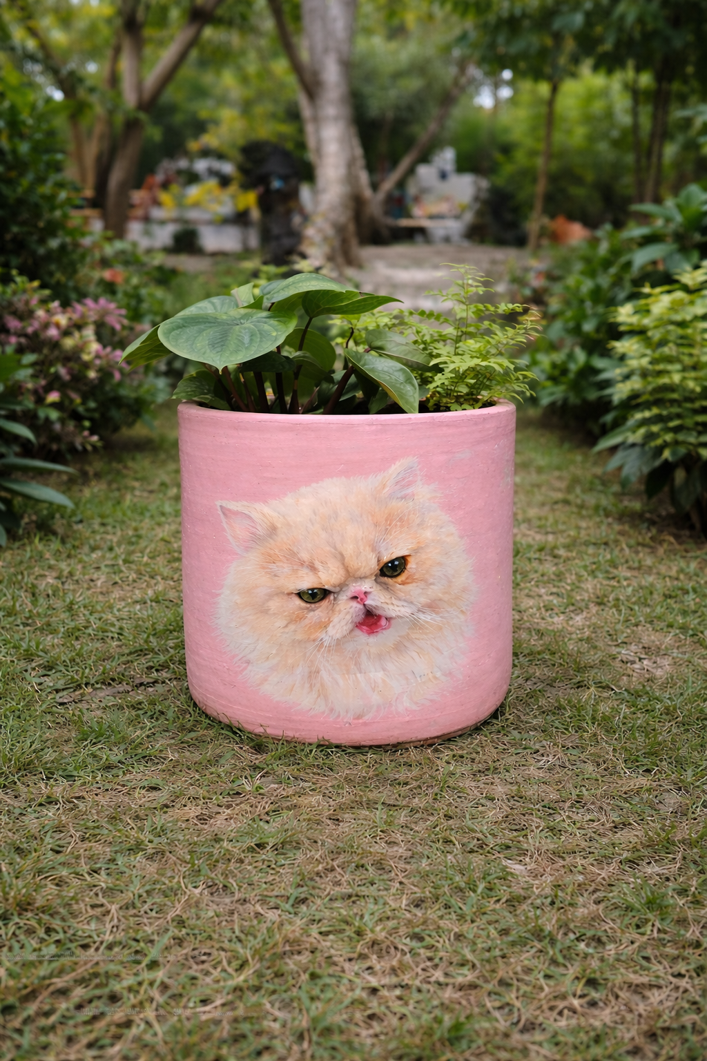 Maceta de color rosa con una planta y una imagen de un gato con expresión molesta y lengua afuera, en un jardín con árboles y flores.