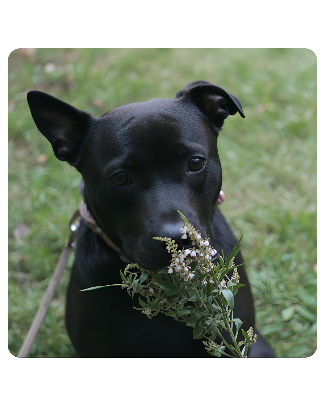 Perro negro mordiendo ramas con flores en un espacio exterior.