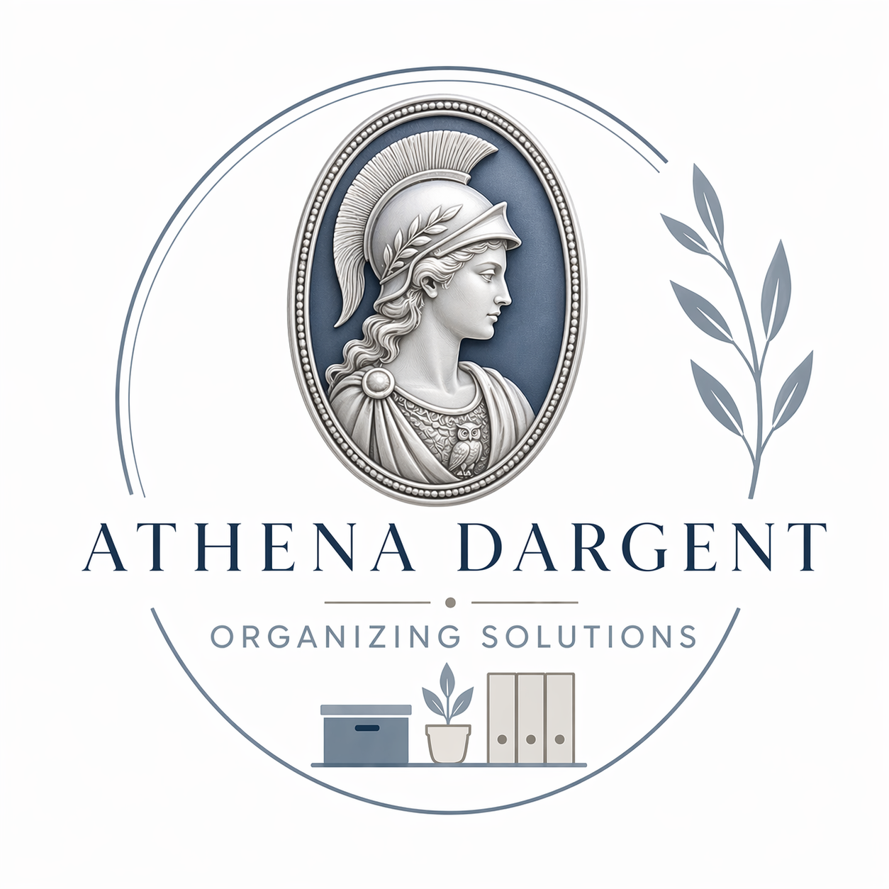 Logo for Athena Dargent Organizing Solutions featuring a profile of a classical Greek warrior woman, with a laurel wreath and helmet, set within an oval frame. The text below reads 'Athena Dargent' and 'Organizing Solutions' with icons of a storage box, a potted plant, and folders.