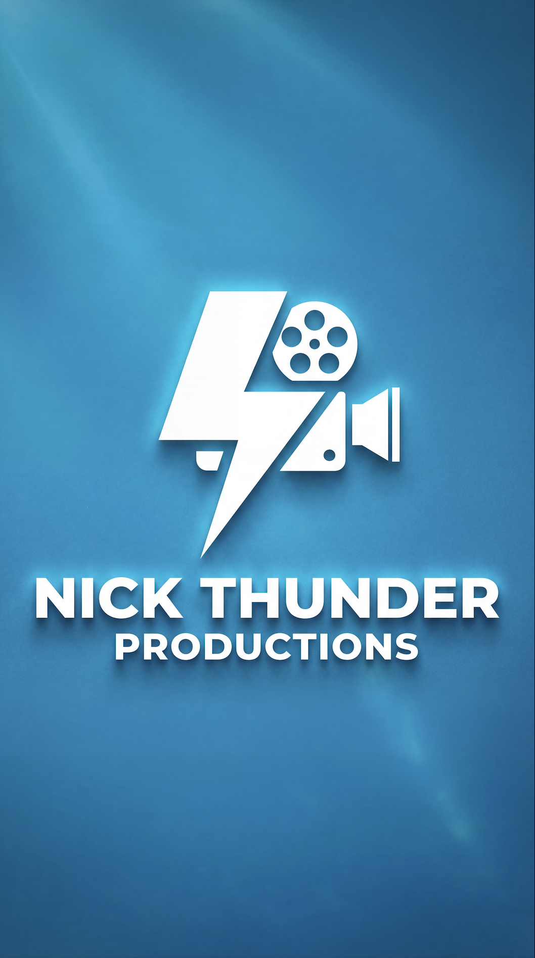 Logo with a film reel, lightning bolt, vintage camera, and microphone icons, with text 'Nick Thunder Productions' on a blue background.