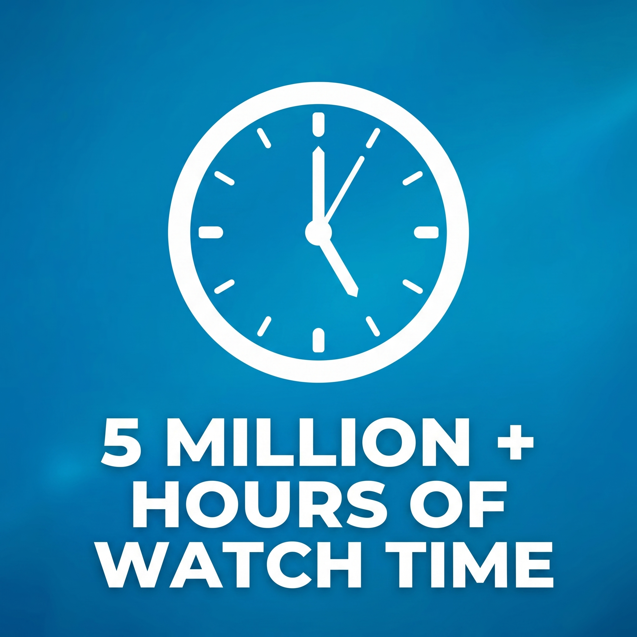Digital clock showing 4:00 with a small second hand at 2 seconds, and text below stating '5 Million + Hours of Watch Time' on a blue gradient background.