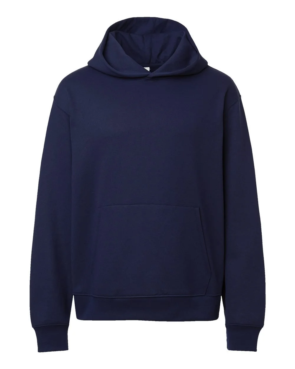 A navy blue hoodie with a front pocket and a drawstring hood.