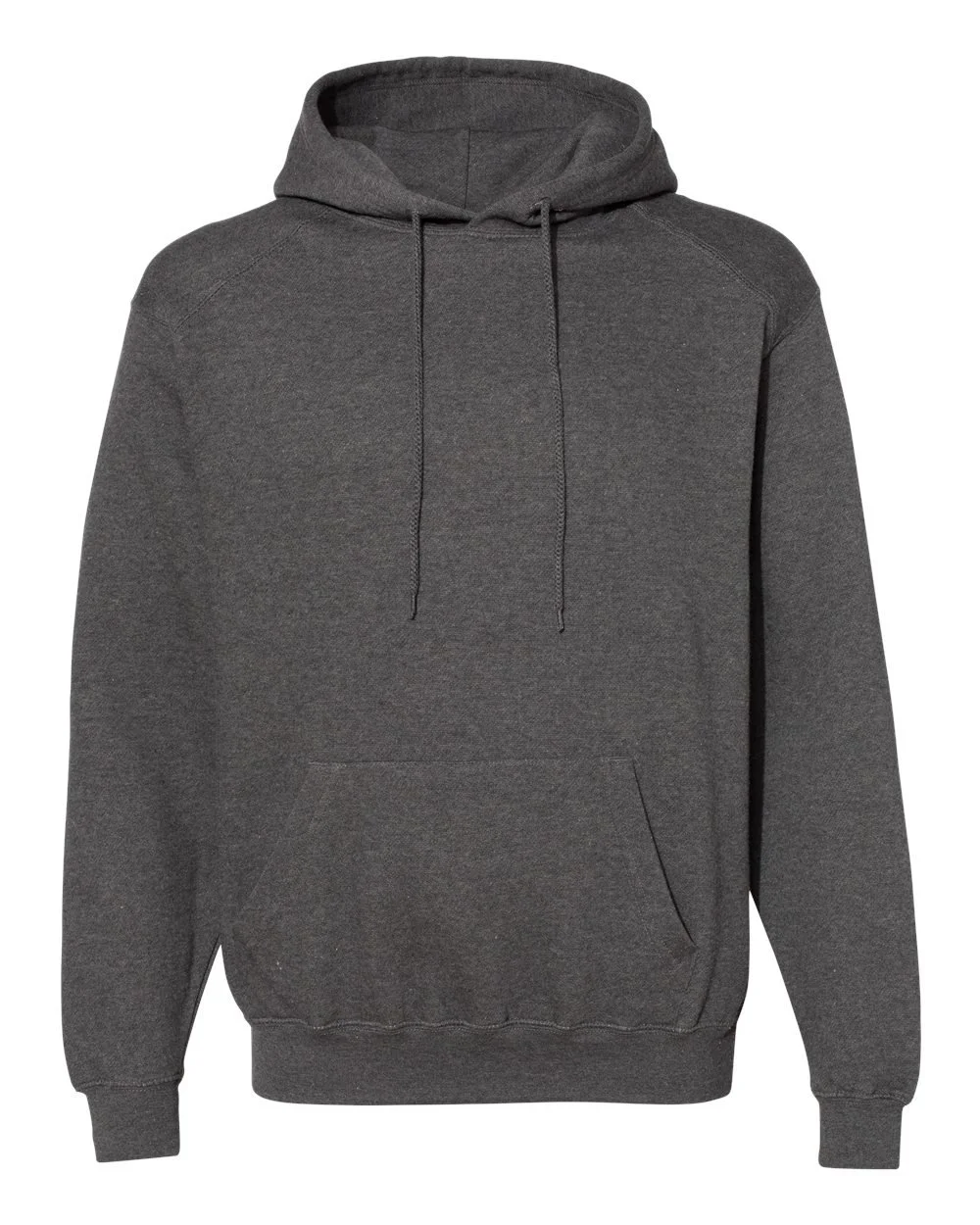 Gray hooded sweatshirt with a front pocket, drawstrings, and ribbed cuffs and hem.