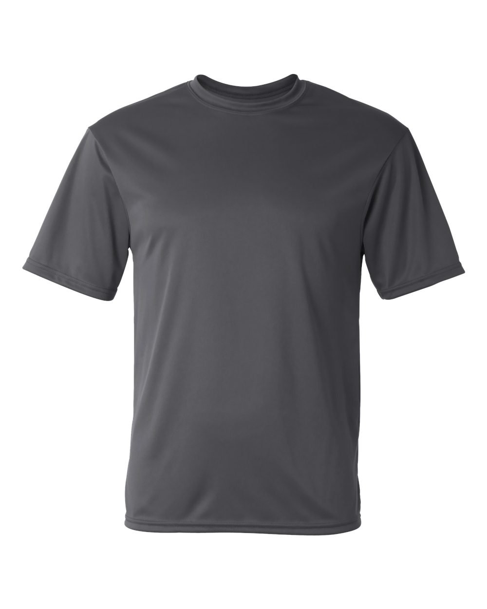 A plain, dark gray, short-sleeved T-shirt against a white background.