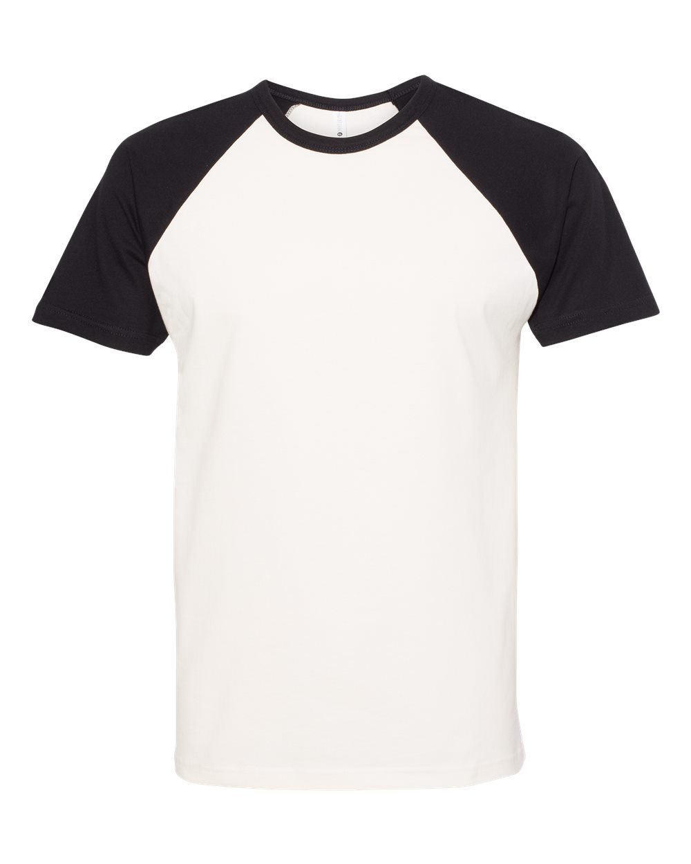A black and white baseball-style T-shirt with black short sleeves and a white torso