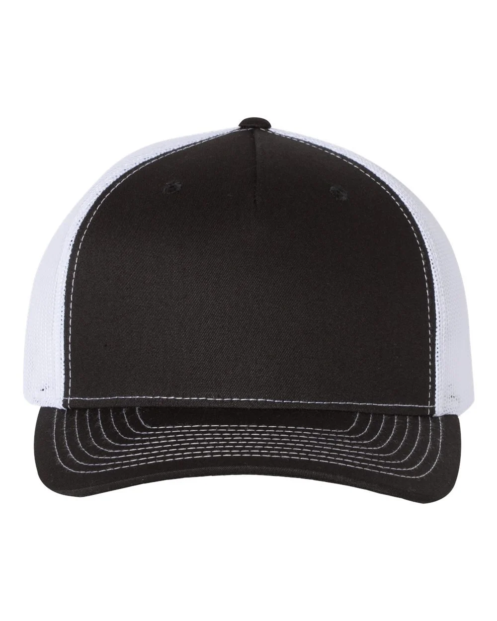 Black and white trucker cap with curved brim and mesh back