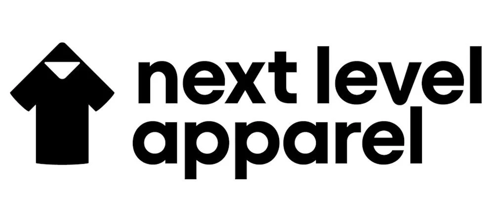 Logo with a stylized black shirt icon and the text "next level apparel" in bold black letters.