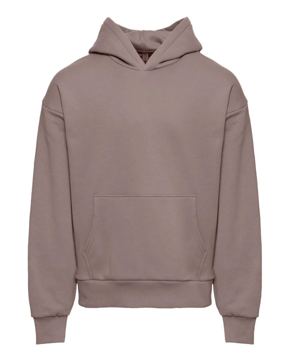 Beige hoodie with a front kangaroo pocket and a drawstring hood.