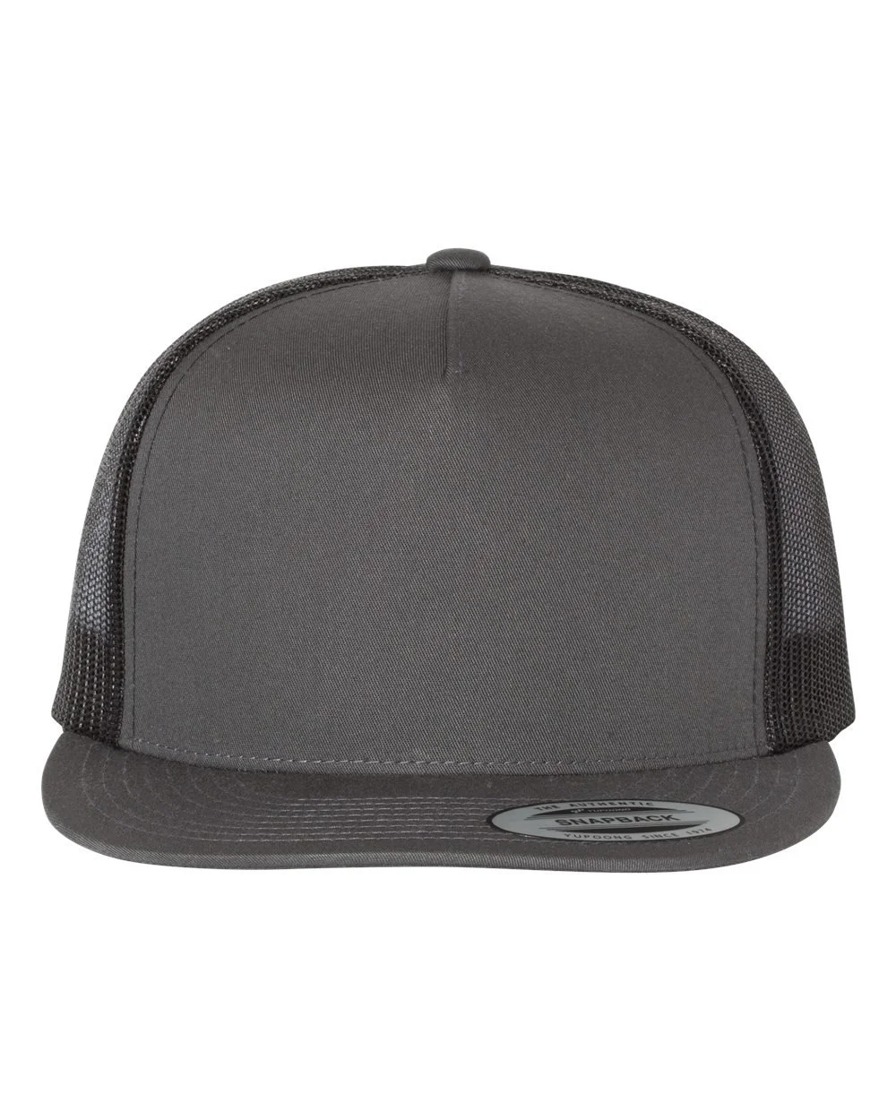 A dark gray snapback cap with a curved brim and mesh panels on the sides.