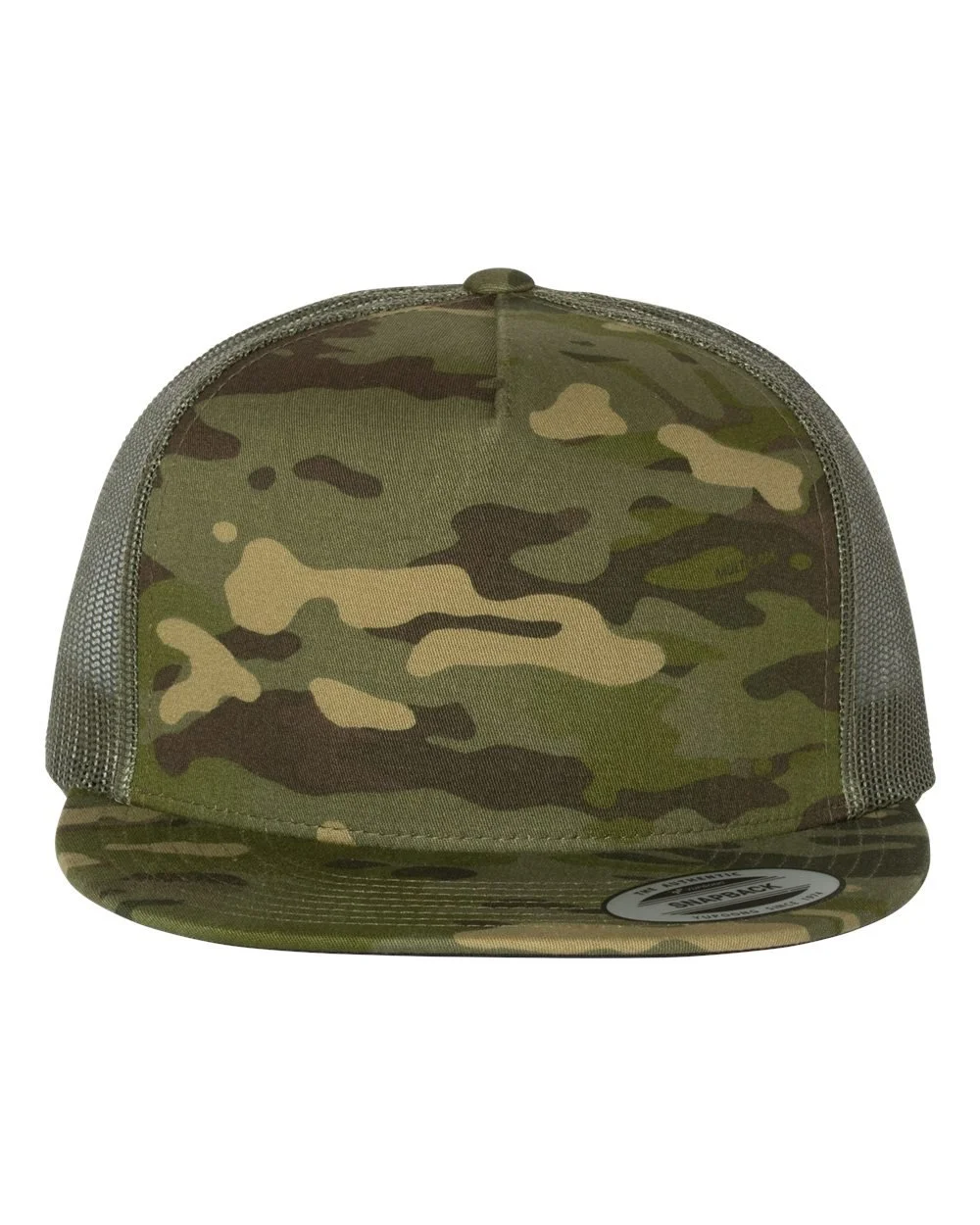 Camouflage baseball cap with mesh side panels and a sticker on the brim.