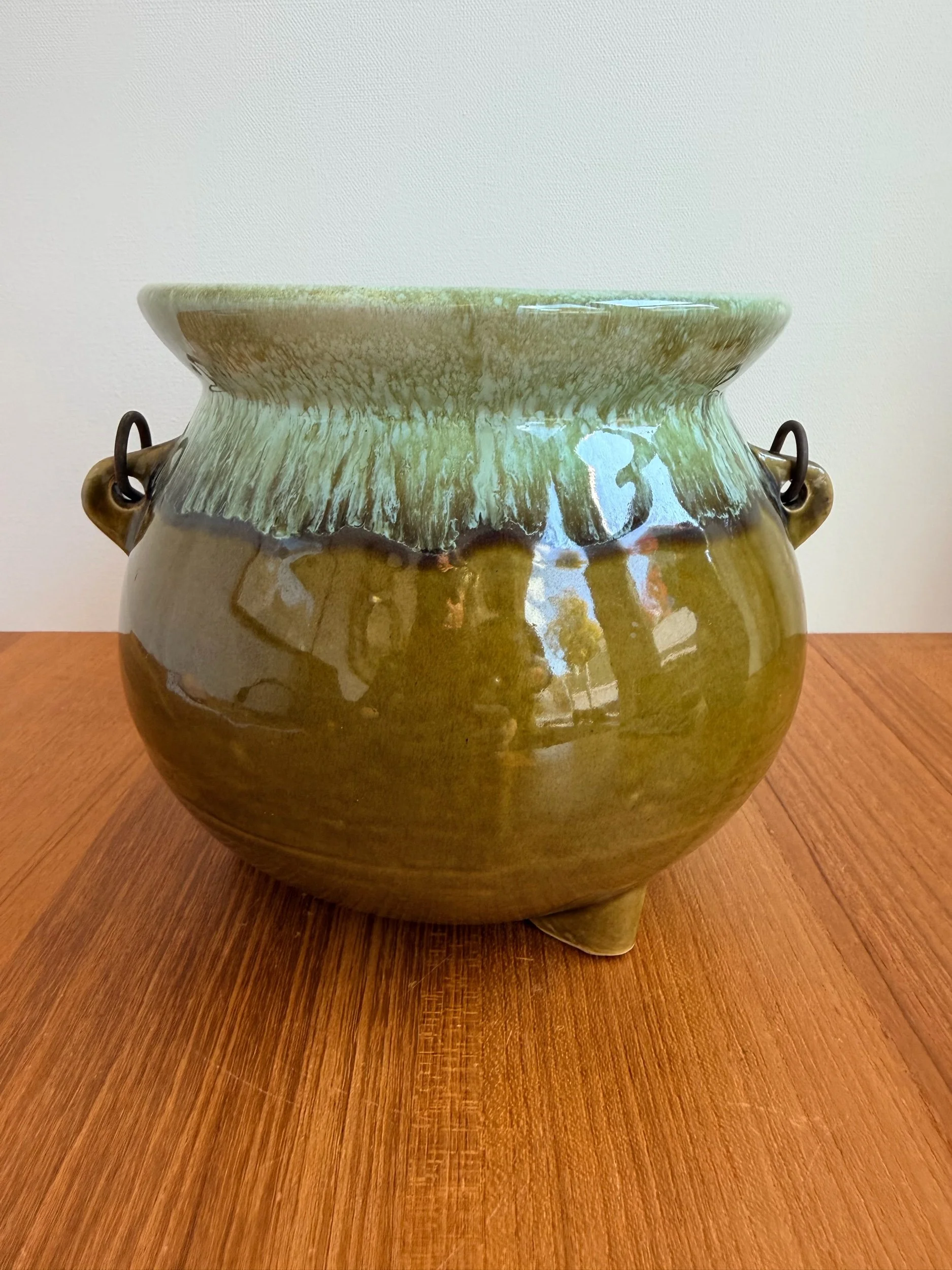 green / blue ceramic pot with handle