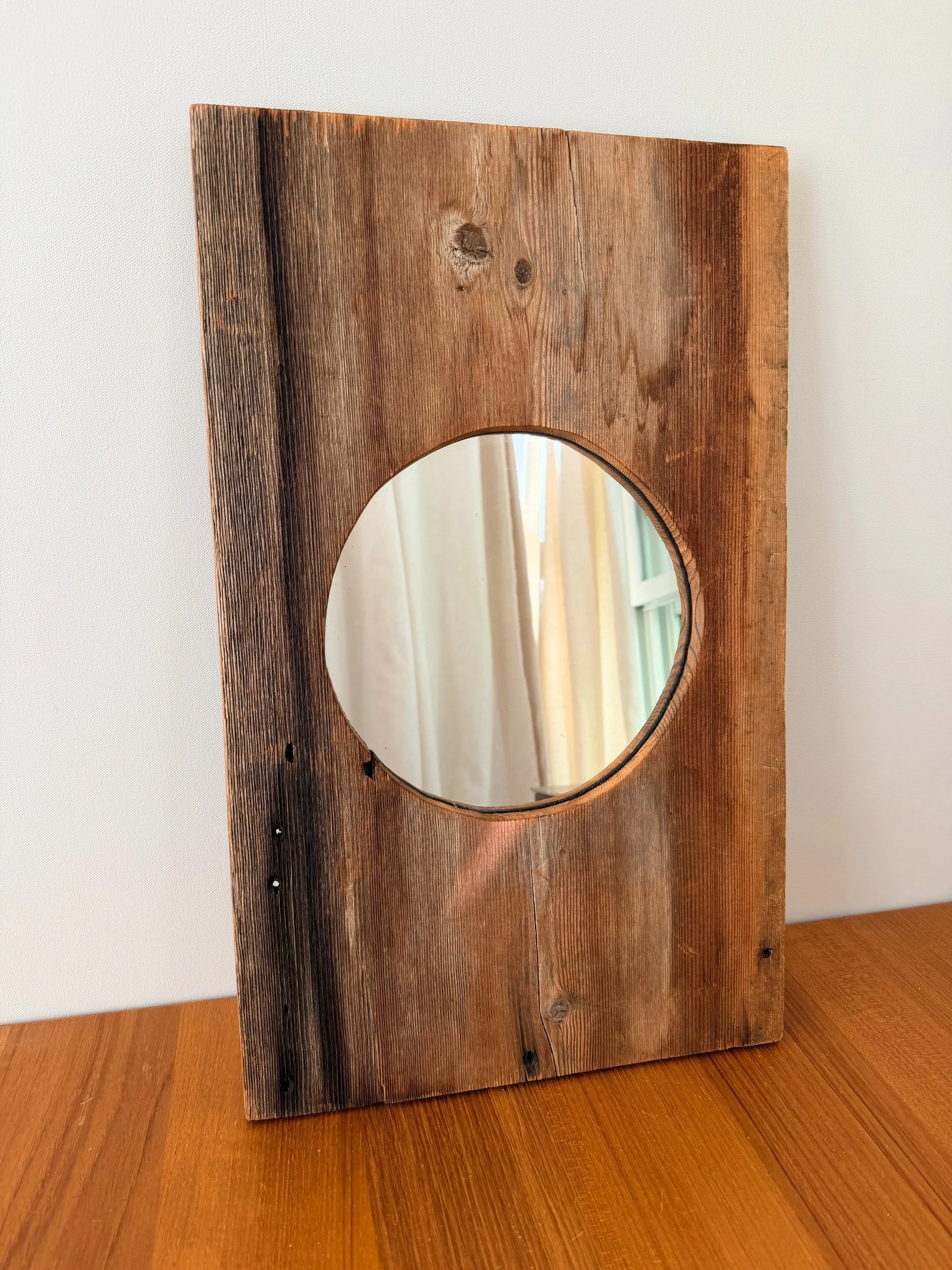 1970s wood mirror with circle cutout